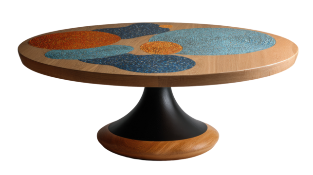 Round wooden cake stand with a mosaic top.  A light-colored wood base supports a dark-colored pedestal.  Colorful mosaic circles adorn the top