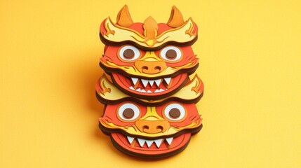 Stacked Papercraft Lion Dance Masks on Sunny Yellow Background, Cultural Celebration