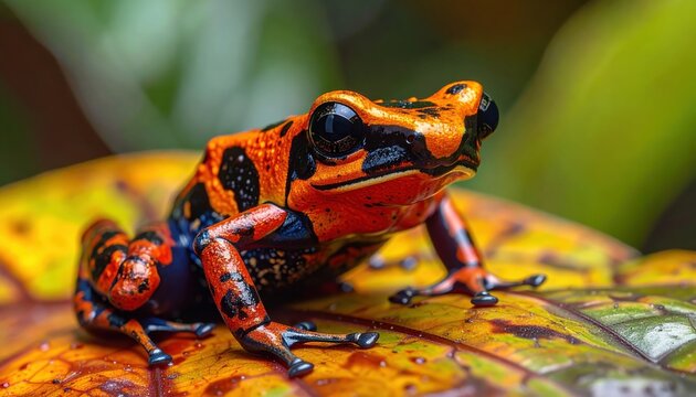 Vibrant, detailed close-up of a poison dart frog with striking orange, black, and blue patterns on a vibrant yellow-orange leaf. - Powered by Adobe