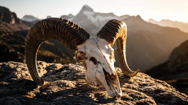 Majestic Ram Skull Against Rugged Mountain Landscape at Sunset