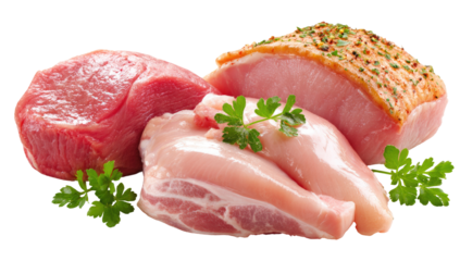 Close-up of three raw meat cuts.  Red beef, white poultry, and pork are arranged together. Fresh herbs are visible on top