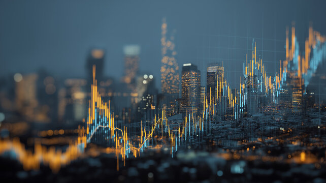Financial Growth Graph Overlayed on Cityscape with Business and Market Chart
