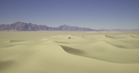A vast expanse of sandy dunes stretches toward distant mountains. The desert is bathed in sunlight, creating soft shadows on the rolling sands. The sky remains clear and blue.