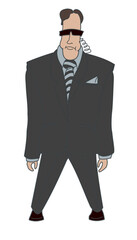 Suit-clad character in sunglasses stands confidently in urban setting during daytime