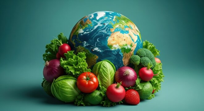 Earth surrounded by fresh fruits and vegetables, healthy eating