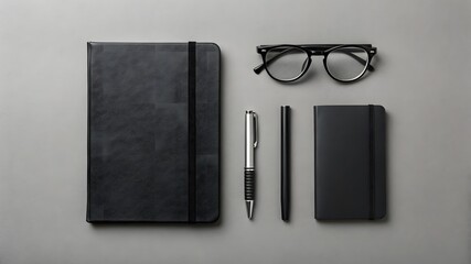 Minimalist flat lay of a black notebook pen glasses and small notebook