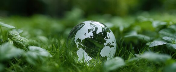 The glass globe resting on vibrant green grass symbolizing environmental conservation and sustainable future