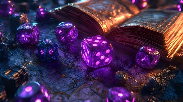 Glowing purple dice scattered near ancient spell book with magical aura, mystical gaming concept on dark background with ethereal lighting effects.