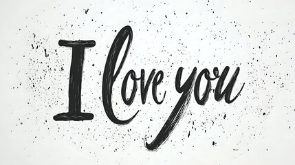 Handwritten black brush calligraphy text I love you on white background with ink splatter texture. Romantic message isolated and ready for greeting cards and valentines designs.