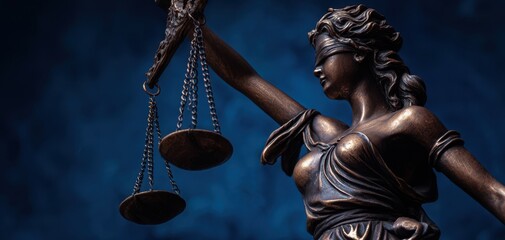 The Lady Justice statue with scales and blindfold in dramatic blue lighting