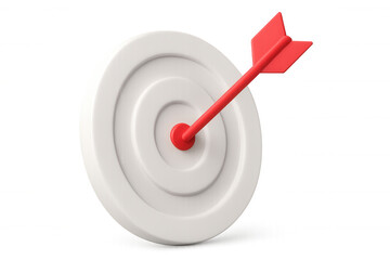 Red arrow piercing white target bullseye, symbolizing precision targeting, business success, marketing strategy on transparent backdrop
