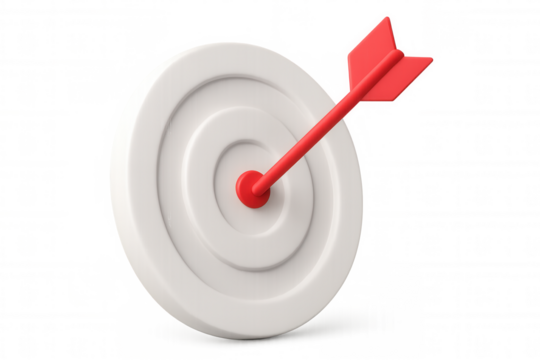 Red arrow piercing white target bullseye, symbolizing precision targeting, business success, marketing strategy on transparent backdrop