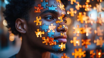 Person with puzzle pieces on face, bokeh lights
