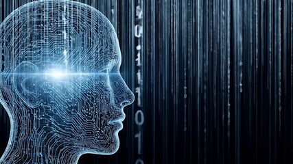 A transparent human head with glowing binary code streams, visualizing artificial intelligence and digital consciousness. - Powered by Adobe