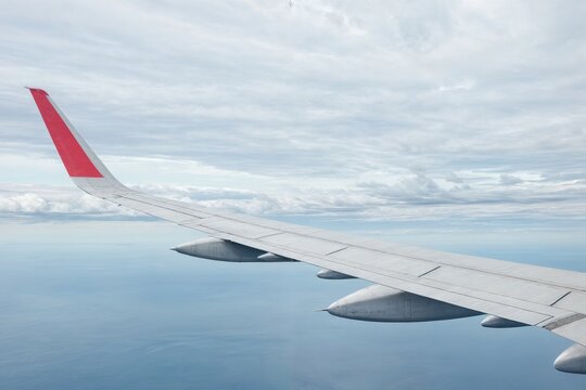 Fototapeta The wing of a plane is seen in the sky with a blue sky in the background