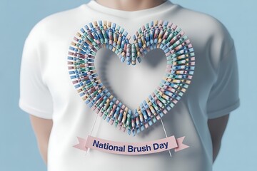 Celebrate National Brush Day with a heartwarming display of colorful toothbrushes forming a vibrant heart shape on a white tee