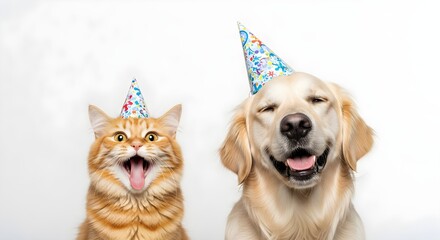 Adorable Cat and Dog Wearing Colorful Party Hats, Smiling Together in a Festive Celebration - Perfect Moment for Pet Lovers, Birthday Parties, and Animal Bonding