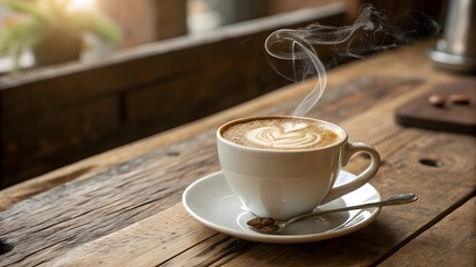 Obraz premium Steaming cup of coffee with latte art on a rustic wooden table