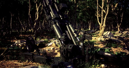 In a tranquil forest setting, advanced artillery stands ready, surrounded by ancient trees and rock formations. Morning light filters through the foliage, casting soft shadows on the ground.
