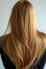 Naklejka premium Back view of long straight blonde hair with natural highlights and layered cut on woman wearing black top, demonstrating professional hair styling result.