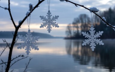 Three decorative snowflakes hanging from a branch over a calm lake at dusk