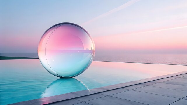 Large iridescent sphere sculpture at the edge of an infinity pool at sunset