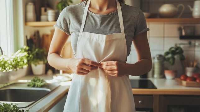 Woman tying apron in kitchen
