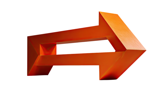 3D orange arrow, right-pointing, geometric.  Bold,  faceted shape.  Dark background