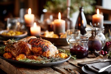 Traditional thanksgiving dinner with turkey vegetables and candles on rustic table
