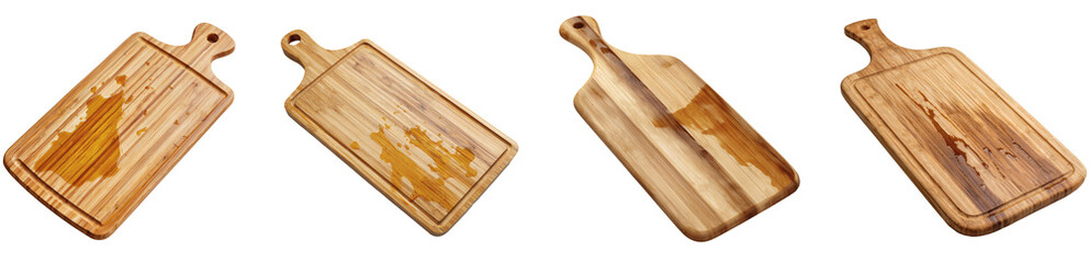 Natural Wood Cutting Board with Liquid Drips, Rustic Kitchen Essential for Food Prep and Presentation PNG set Transparent backround