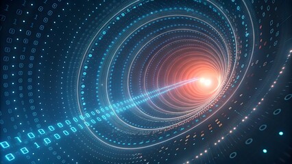 Abstract digital tunnel with binary code and glowing light