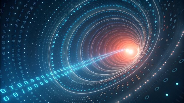 Abstract digital tunnel with binary code and glowing light