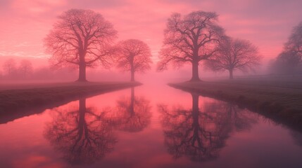 Pink sunrise over misty landscape with trees reflected in water