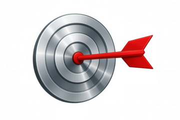 Red arrow piercing metallic target's bullseye, symbolizing precision, strategic marketing, goal achievement, and business success against transparent backdrop