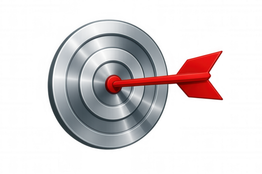 Red arrow piercing metallic target's bullseye, symbolizing precision, strategic marketing, goal achievement, and business success against transparent backdrop