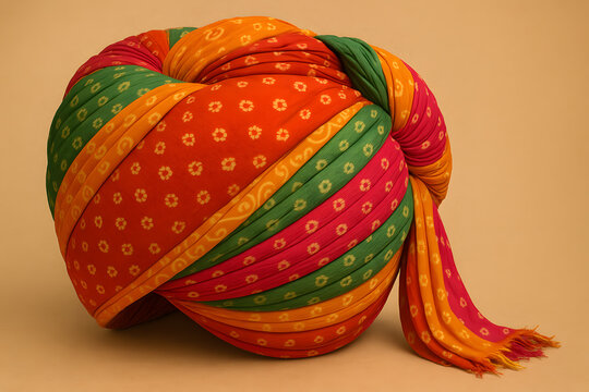 Traditional Indian turban pagdi in vibrant orange pink yellow and green colors cultural headwear symbol of honor Rajasthan heritage fashion ethnic costume photography on plain background