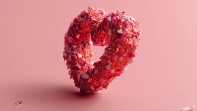 A vibrant, heart-shaped form, detailed with pink and white sprinkles, sits amidst a profusion of similar sprinkles on a soft pink surface.