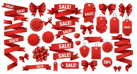 Red Sale Ribbons Bows Tags Badges Big Discount Promotion Kit