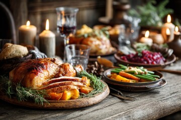 Traditional thanksgiving dinner with turkey vegetables and candles on rustic table
