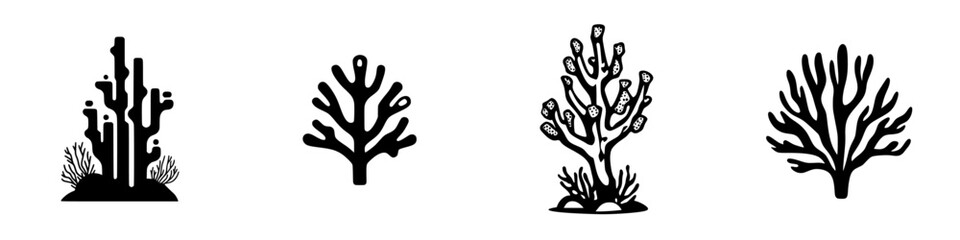 Stylized black-and-white minimalist vector illustrations of various coral types found in ocean environments
