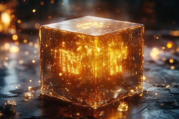Glowing digital data cube with golden light and circuit patterns on dark background