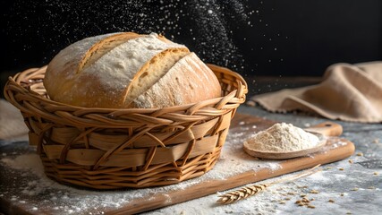 Freshly baked artisan bread in a wicker basket with flour dusting
