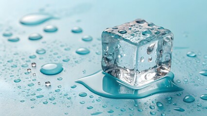 Melting ice cube with water droplets on a light blue surface