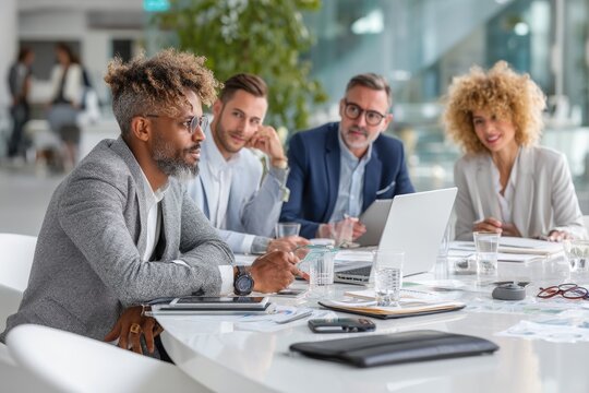 Business meeting with diverse team around conference table in modern office