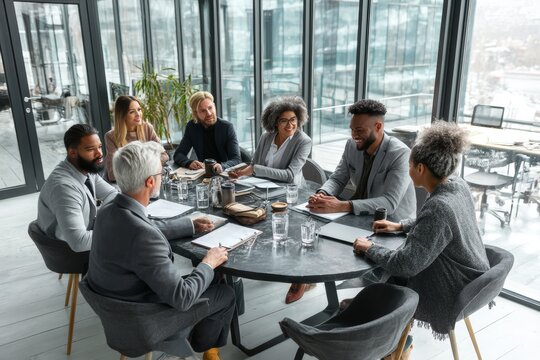 Business meeting with diverse team around conference table in modern office