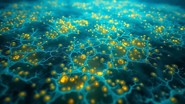 A macro view of an underwater microbial mat as a glowing, electric-blue mycelial network.