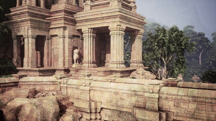 Naklejka premium the remarkable ruins of an ancient temple nestled within the lush jungle, featuring a grand building adorned with numerous impressive pillars.