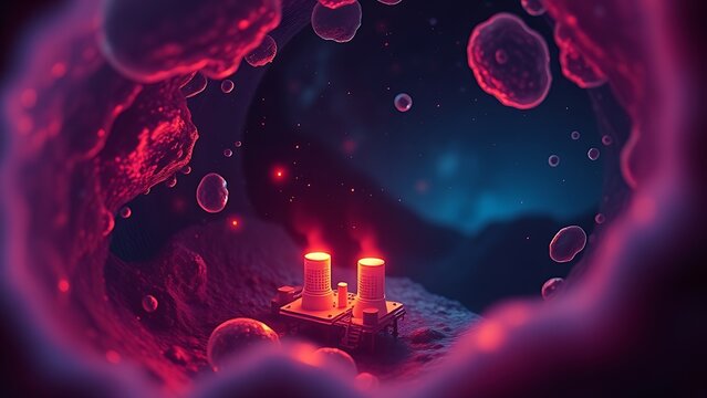 Microscopic dreamlike view inside a cell, with mitochondria as tiny glowing power plants recharging at night.