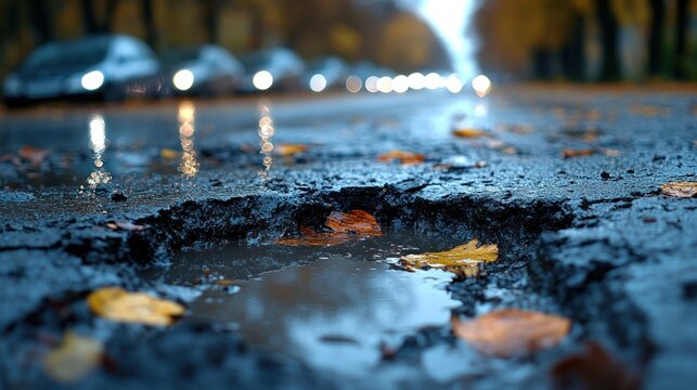 Rainy autumn street with pothole