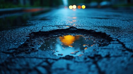 Rainy night, pothole reflecting lights